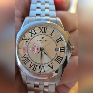 Perrelet Silver Watch with Roman Numerals and Date Display